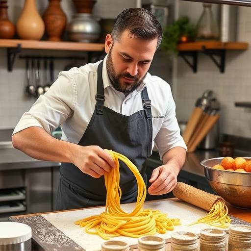 Chef Marco Rossi che prepara la pasta fresca nella cucina della Trattoria del Sole