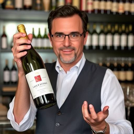 Foto di Antonio Ferrari, sommelier della Trattoria del Sole, che presenta una bottiglia di vino