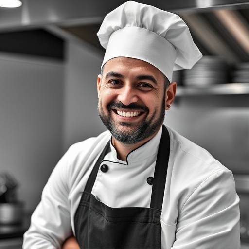 Foto di Marco Rossi, Chef della Trattoria del Sole, sorridente in cucina con un cappello da chef