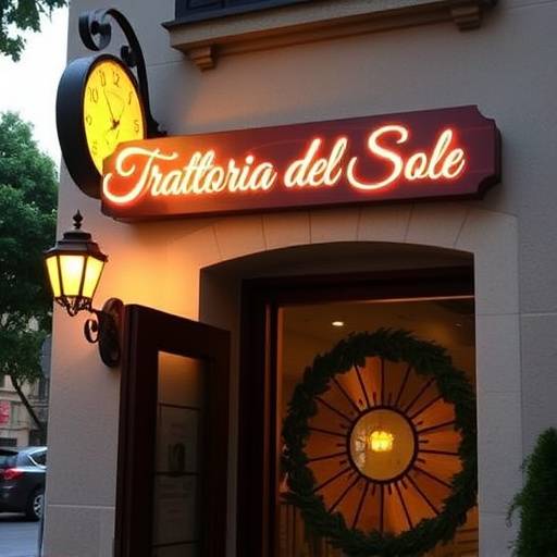 La facciata esterna della Trattoria del Sole con l'insegna illuminata e la vetrina decorata