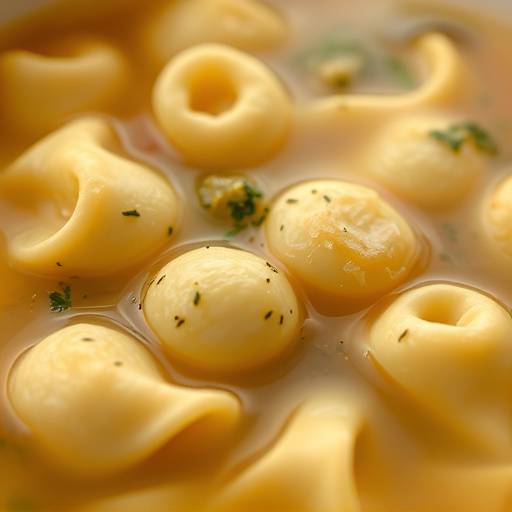 Piatto di tortellini fatti in casa serviti con brodo di cappone fumante