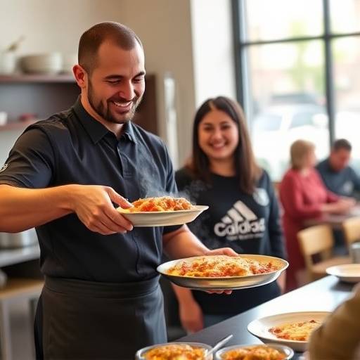 Un cameriere che serve un piatto di lasagne fumanti a un cliente sorridente