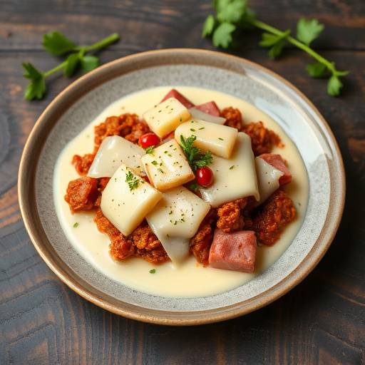 Un piatto di cotoletta alla bolognese, con prosciutto, formaggio e una salsa cremosa.