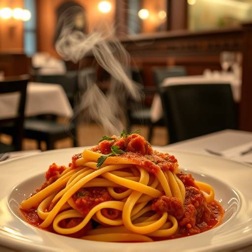 Un piatto fumante di tagliatelle al rag&radic;&pi; servito alla Trattoria del Sole