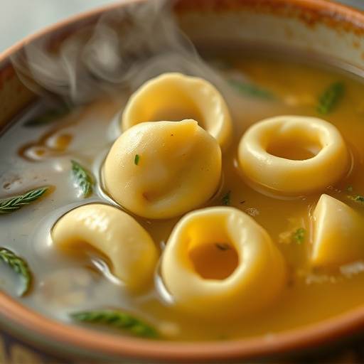 Un piatto fumante di tortellini in brodo, serviti in una ciotola di ceramica.