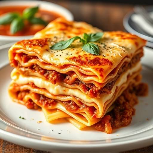Una fetta di lasagna verde alla bolognese, che mostra gli strati di pasta, rag&radic;&pi;, besciamella e parmigiano.